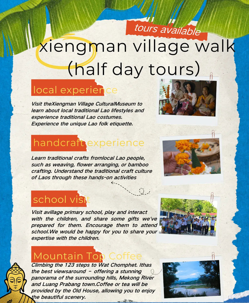Promotional flyer for Xiengman village walk tours with text and images of activities.
